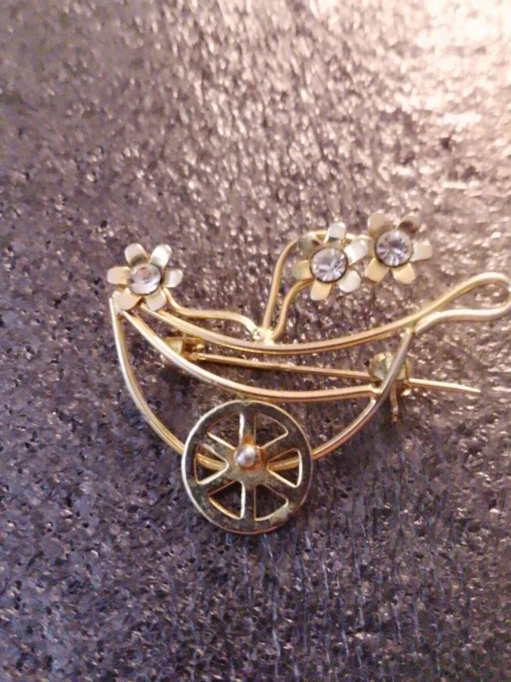 Golden Wheelbarrow with Crystal Flowers VINTAGE BROOCH